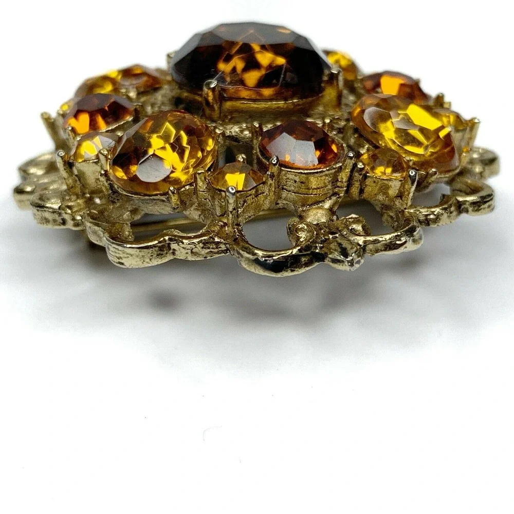 Vintage Amber Rhinestone Flower Brooch Pin - Picture 5 of 5